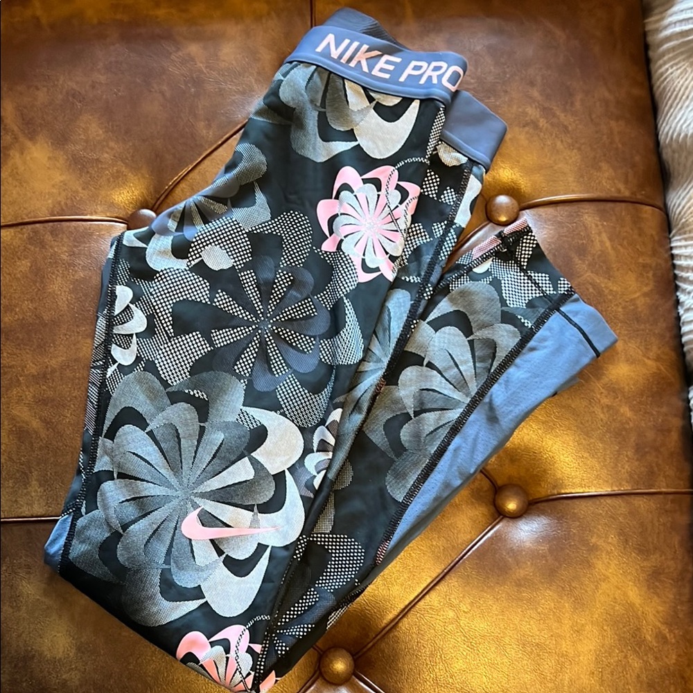 Nike Blue and Pink Leggings with Floral Design